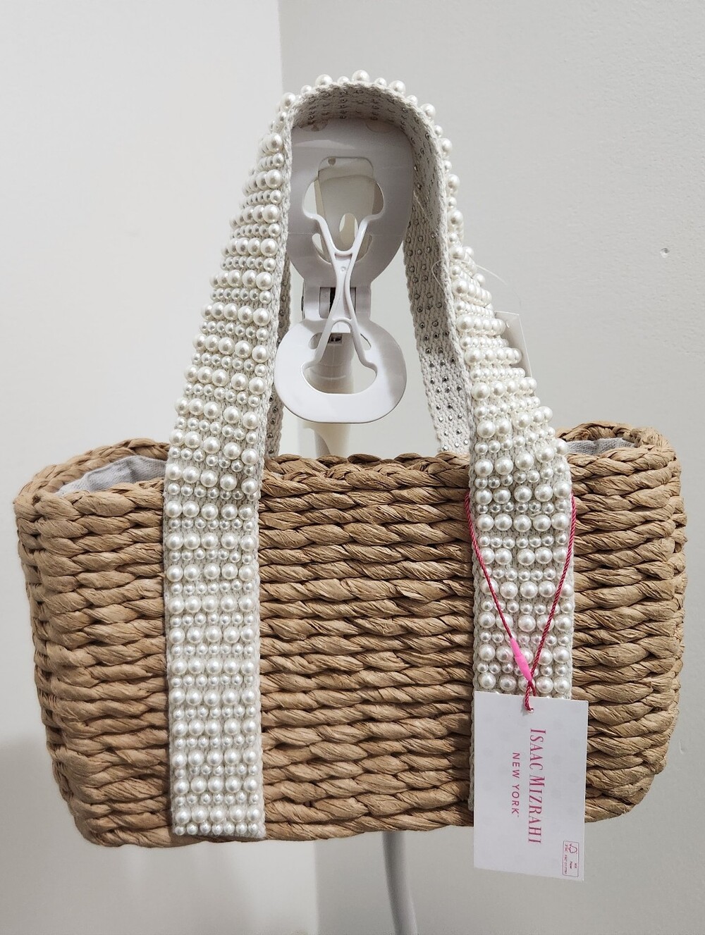 Isaac Mizrahi Pearl-Strap Woven Tote Bag in Cream!